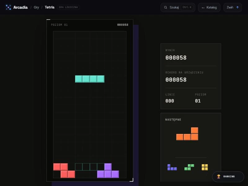 Tetris: plansza w trakcie gry, kolejka klocków i wynik