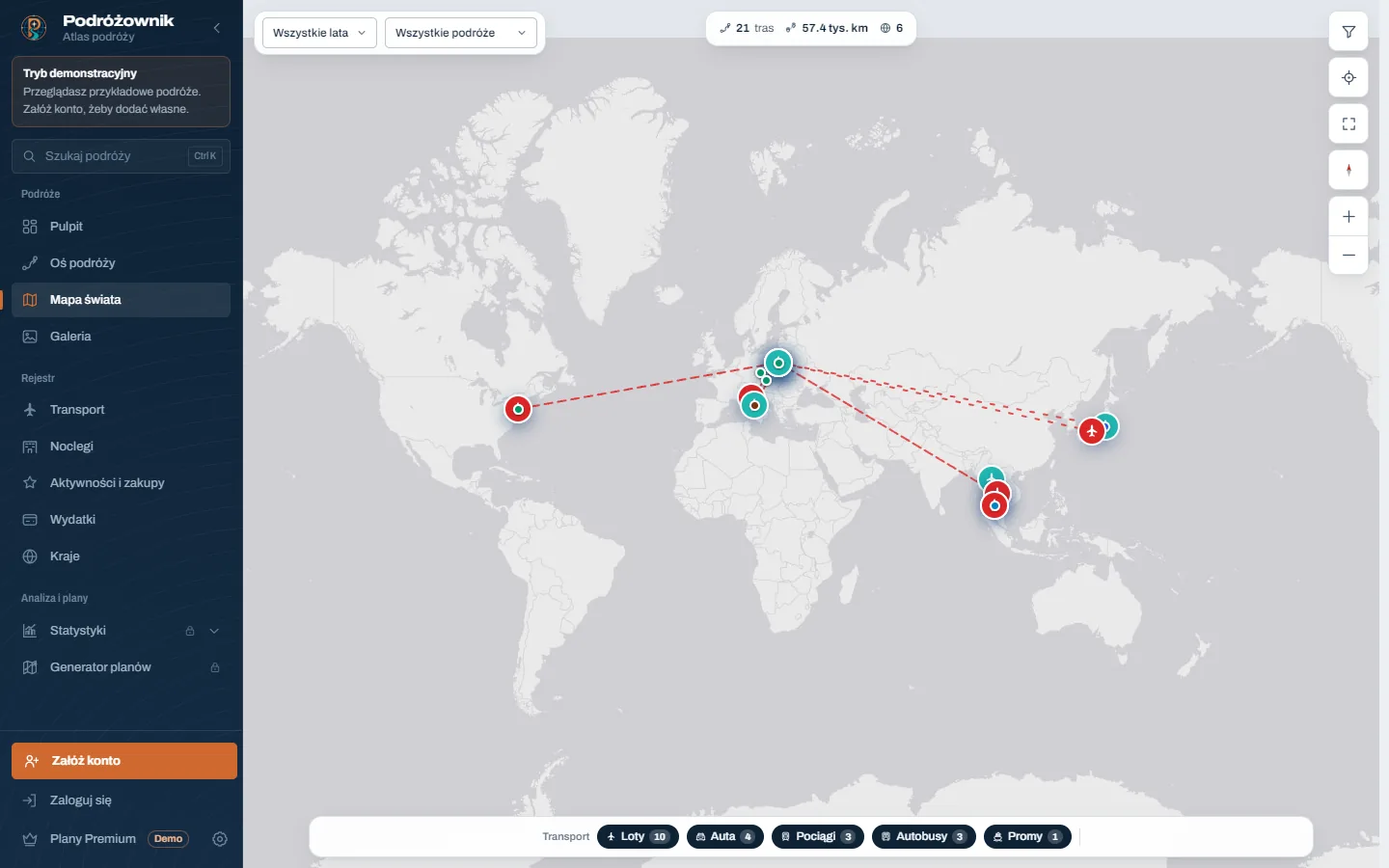 World map with every route, filtered by means of transport