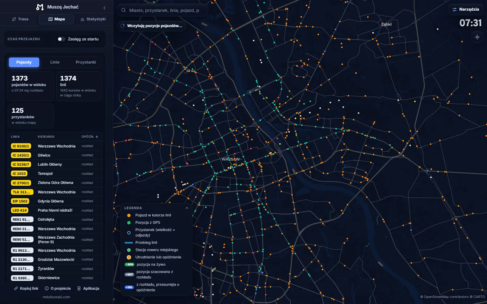 Warsaw at 7:31 – 1,373 vehicles in motion, with counts and a list of lines