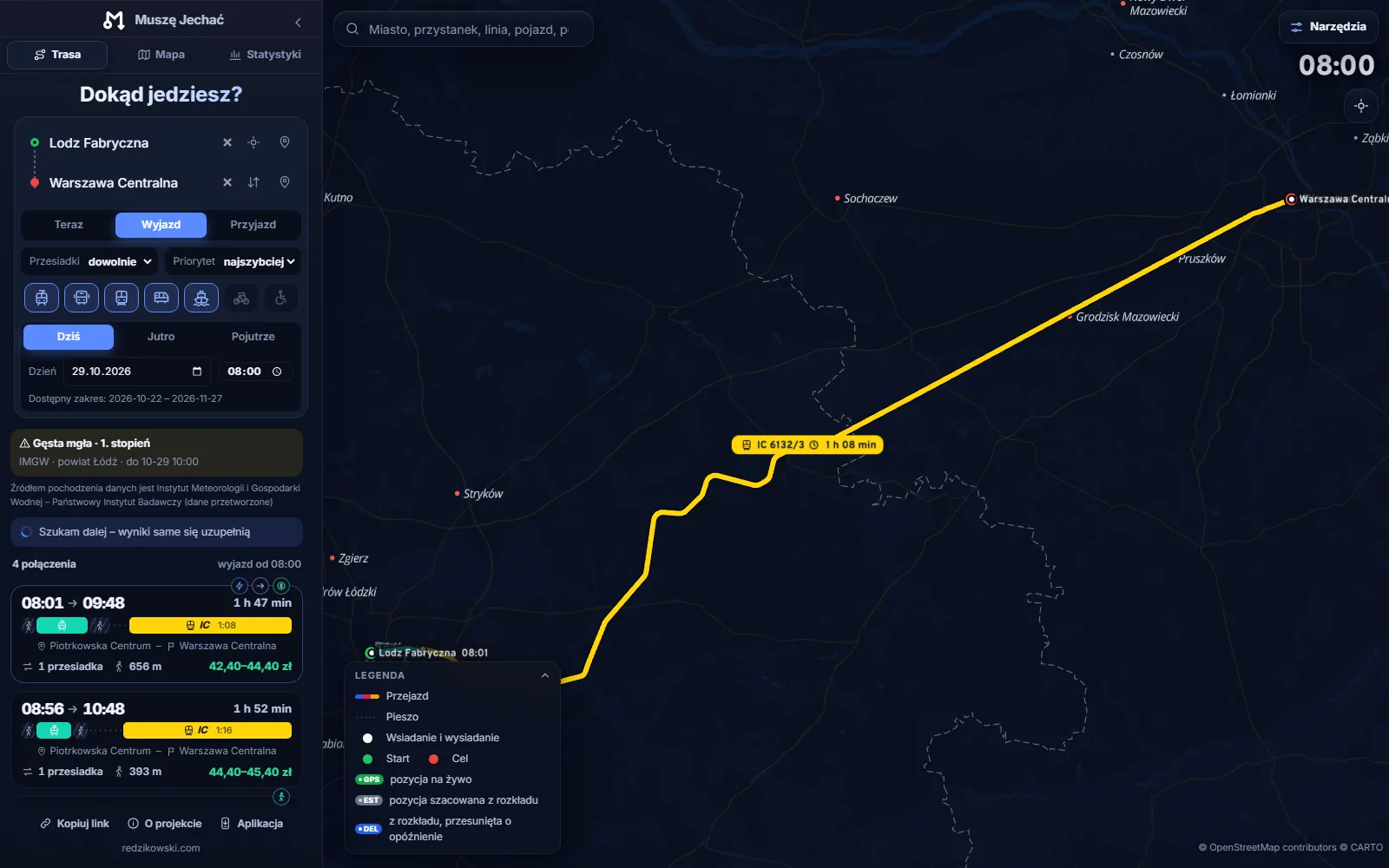 Journey search Łódź – Warsaw: four options with ticket prices and the route on the map