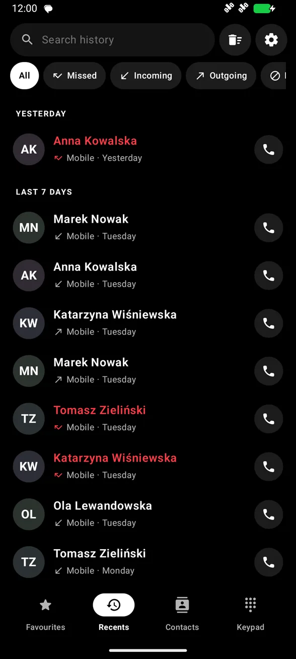 Historia połączeń z nieodebranymi i filtrami