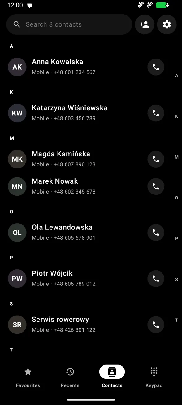 Kontakty z indeksem alfabetycznym