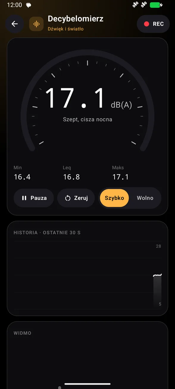 Decybelomierz z wartościami Leq, min i maks
