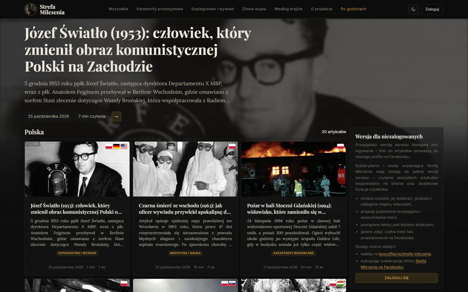 Articles about Poland: featured story, cards with country flags and the subscriber access box