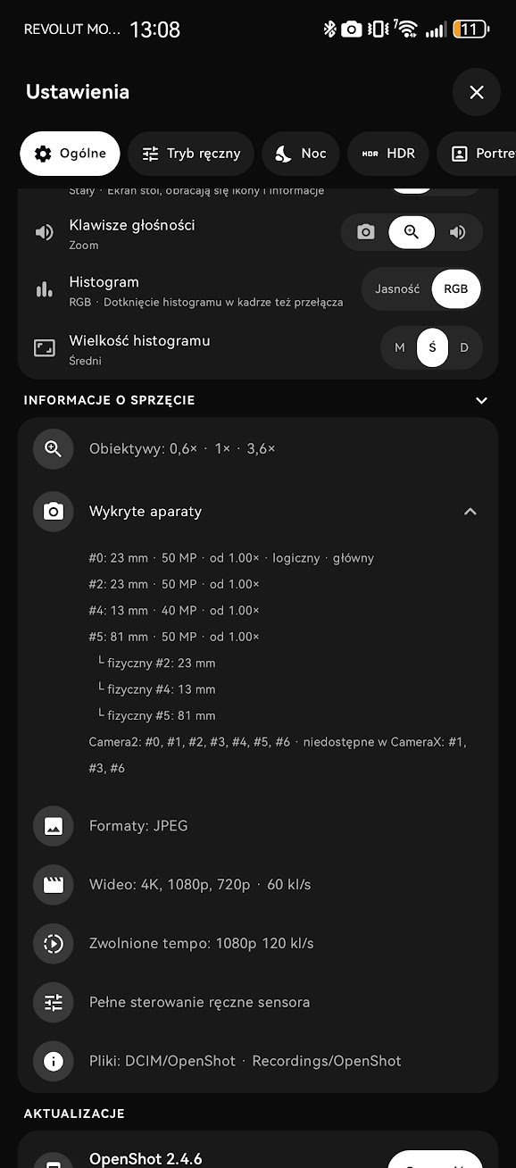 Ustawienia OpenShot: wykryte aparaty, obiektywy i formaty zapisu